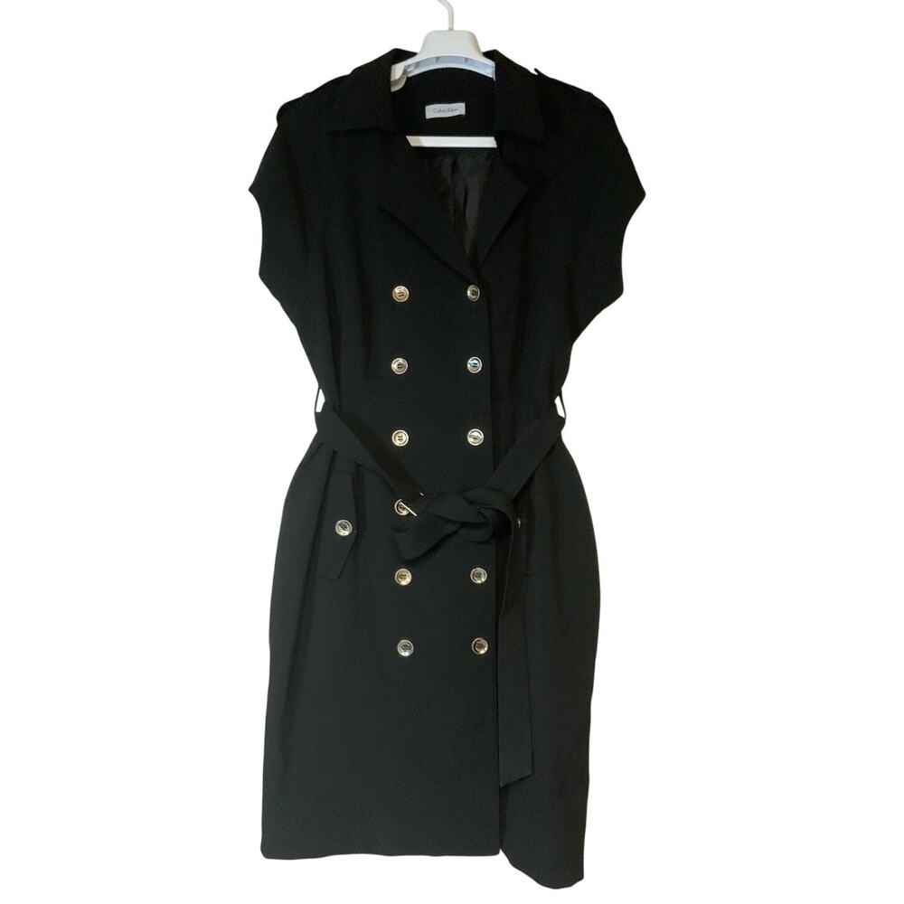 Calvin Klein Black Belted Shirt Dress Double Breasted Knee Length Size L USED